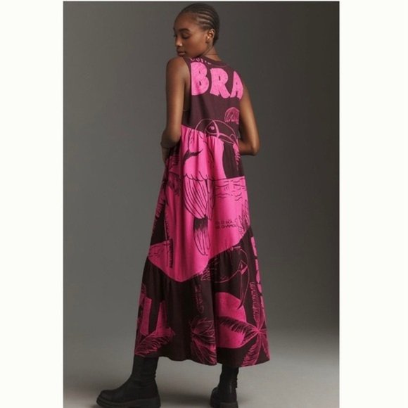 New with Tags Farm Rio x Anthropologie Tiered Brazil Graphic Pink Dress Size S - Picture 7 of 7